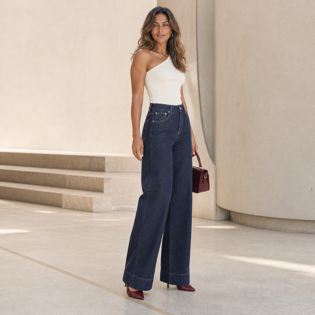 The Adrienne Wide-Leg Jean in Navy Blue — right three-quarter lifestyle view #Color_Navy Blue