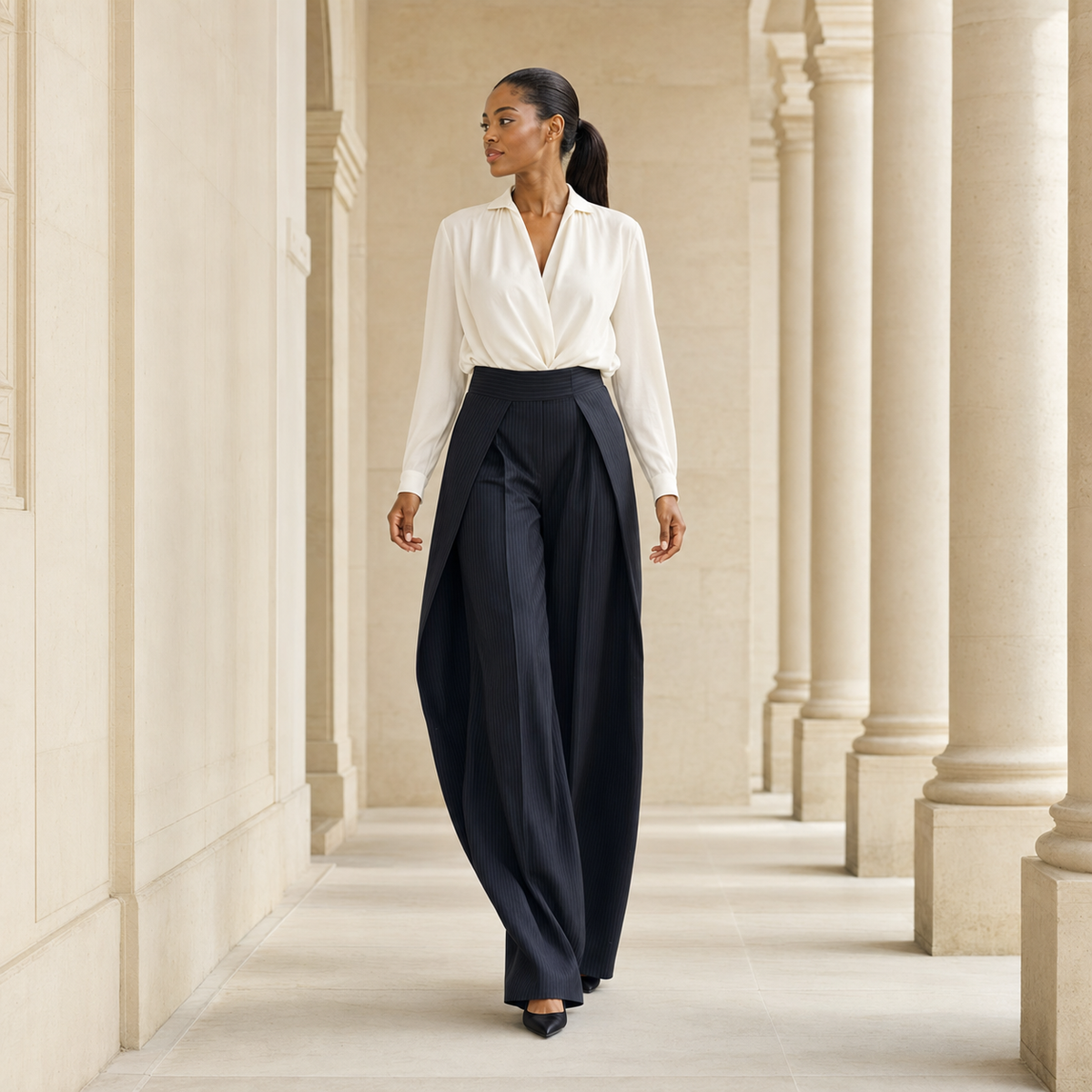 The Arden Sculptural Wide-Leg Trouser in Navy Pinstripe — product image 3 #Color_Navy Pinstripe