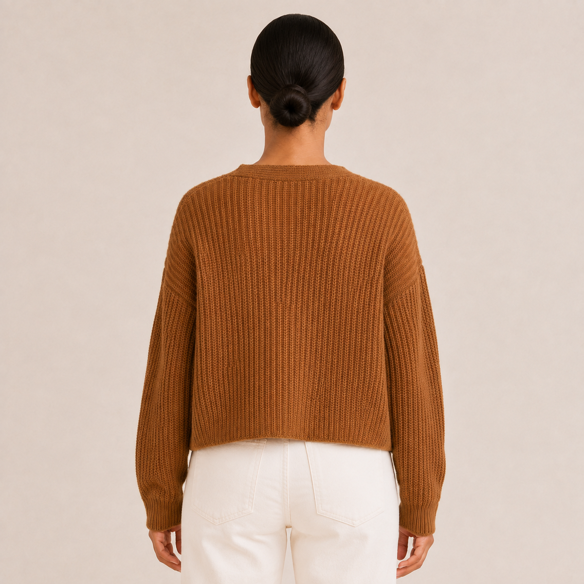 The Colette Rib-Knit Cardigan in Brown — back #Color_Brown
