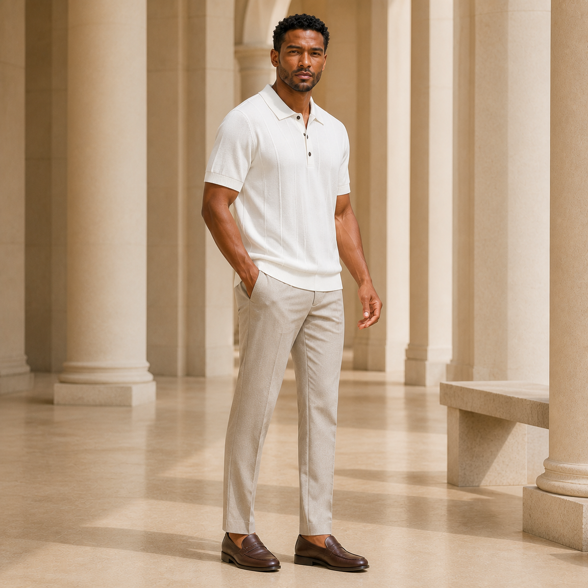 The Laurent Textured Polo in White — product image 3 #Color_White