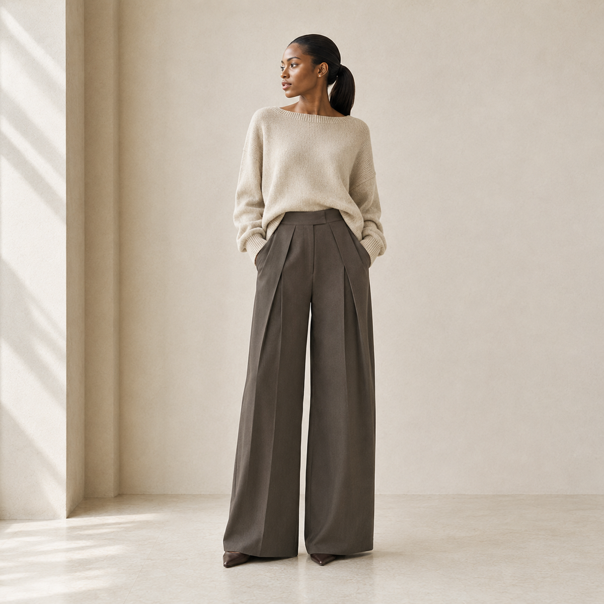 The Arden Sculptural Wide-Leg Trouser in Taupe — product image 7 #Color_Taupe